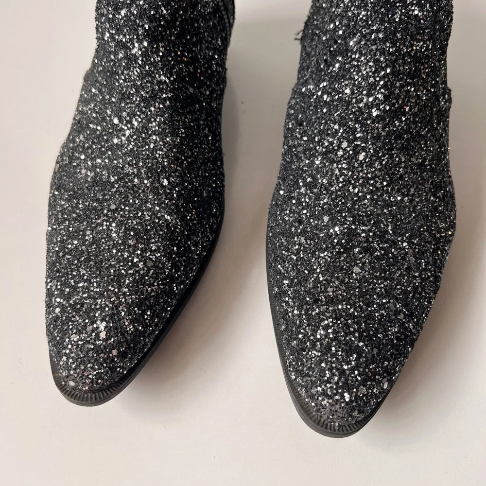 Glitter Chelsea Ankle Boots Sparkly Pointed Toe Rocker Glam Black Silver 9 Women